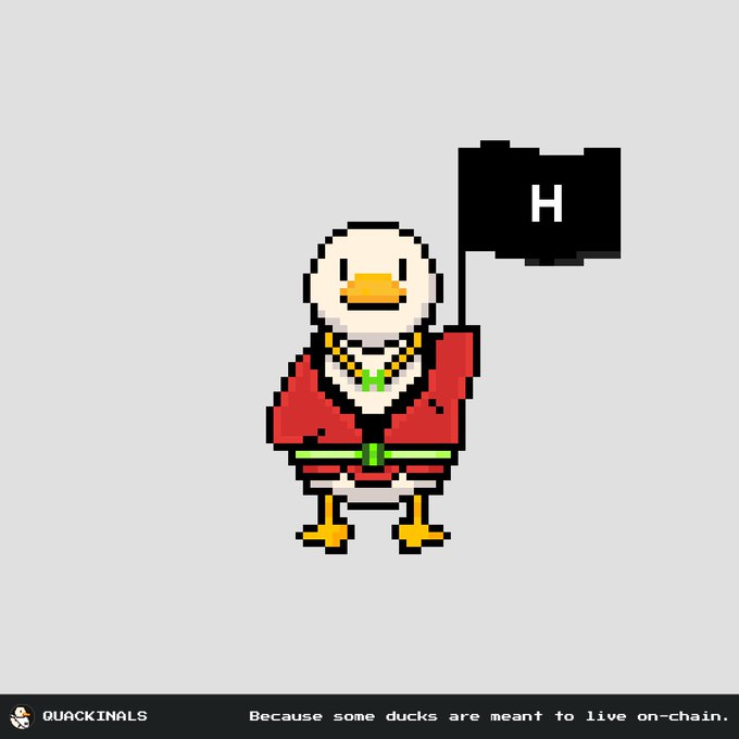 The image features a cartoon duck standing upright with its feet firmly planted, holding a black flag that has the letter "H" printed on it. The background of the image is white, which contrasts nicely with the duck's red jacket and the black flag. There are no other objects or text in the image besides these elements.