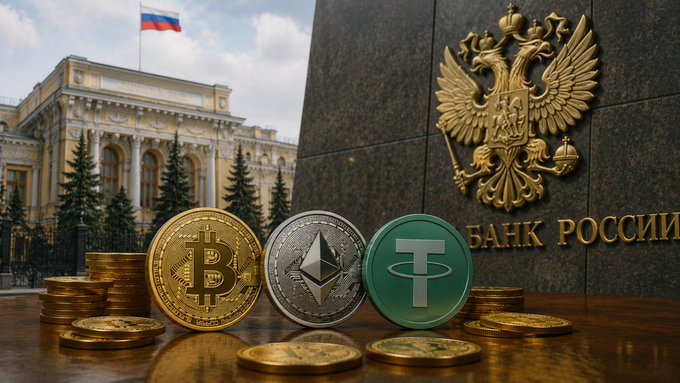 The image shows a collection of three coins - two gold ones and one silver, positioned next to each other on top of a wooden table. In addition to the coins, there are several stacks of US dollar bills arranged nearby. The main focus of the image is the presence of these different monetary denominations and their combination with cryptocurrency symbols, likely Bitcoin (BTC), Ethereum (ETH), or Tether (USDT). The context suggests that this could be a visual representation for an announcement regarding changes in crypto investment rules coming soon from Russia.