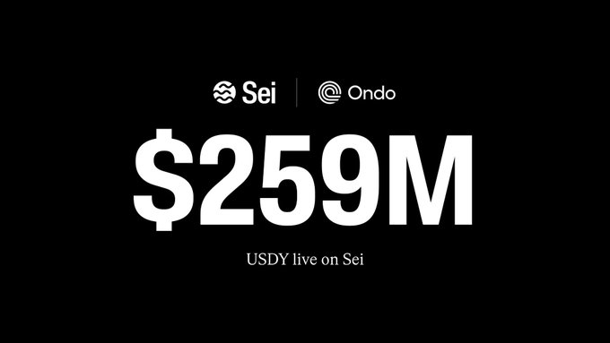 A stark black and white graphic announcing "$259M USDY live on Sei" with logos for the Sei and Ondo projects.