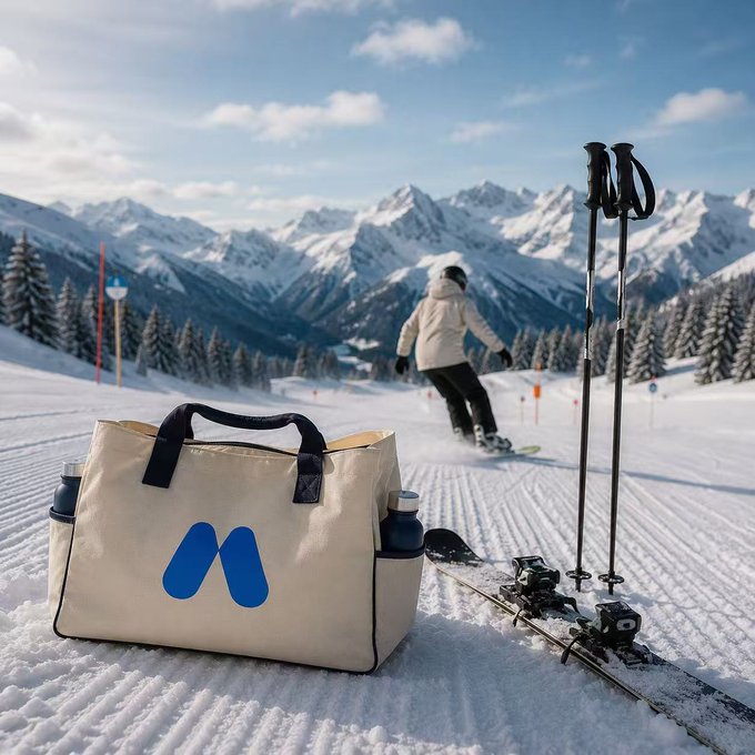 A cream-colored duffel bag with a blue 'M' logo sits in the snow on a ski slope, with skis and poles beside it and a skier descending in the background against snowy mountains.