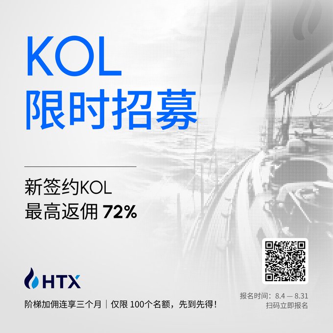 A promotional graphic for HTX featuring Chinese text 'KOL 限时招募' (KOL Limited-time Recruitment) and '新签约KOL 最高返佣 72%' (New signed KOL maximum rebate 72%), with a QR code and registration period 8.4-8.31.