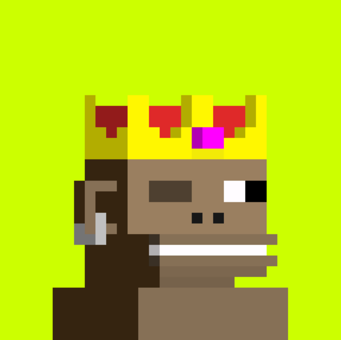 A pixel art portrait of a brown-skinned character wearing a yellow and red crown appears against a solid lime green background.