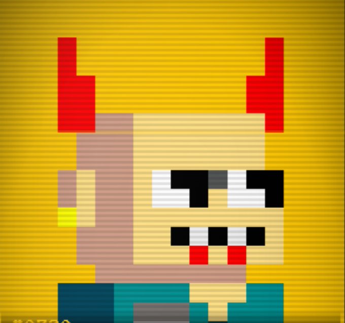 A pixel art animation shows a character with red horn-like shapes on a yellow striped background.