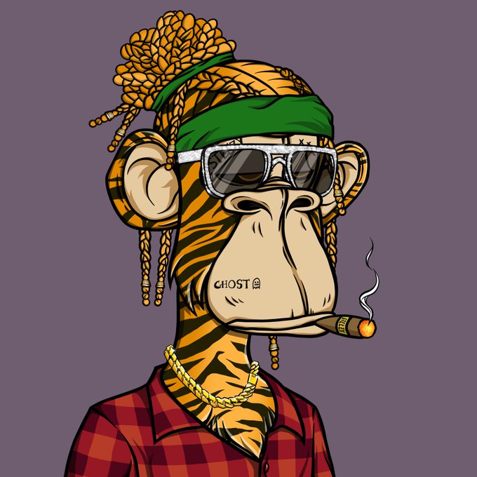 A digital illustration of an anthropomorphic tiger/monkey hybrid character wearing a green bandana, sunglasses, gold chain, red plaid shirt, smoking a cigar with a 'GHOST' tattoo on its cheek.