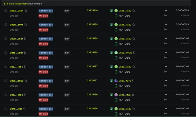 A blockchain transaction history showing 879 more transactions, with multiple failed "Contract call" entries for "mint" transactions involving "RENTOIDS."