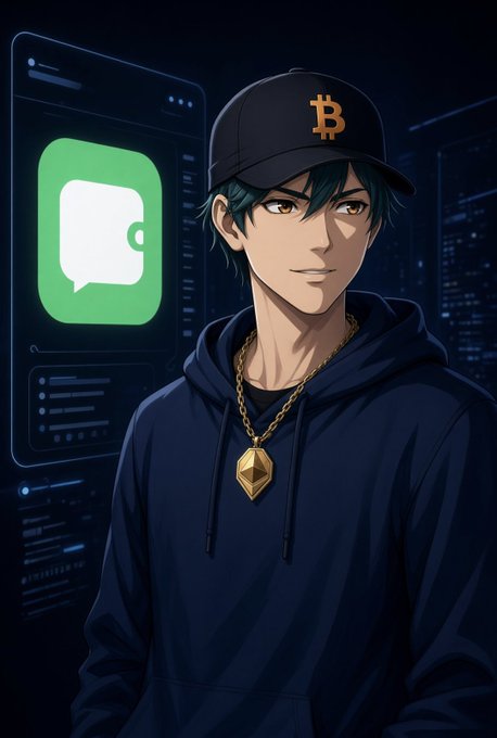 An anime-style illustration shows a young man wearing a Bitcoin cap and an Ethereum pendant, standing before a holographic chat interface, visually symbolizing the fusion of crypto identity and social communication that DeBox_Social embodies by merging wallet-based Web3 login with private messaging and community features.