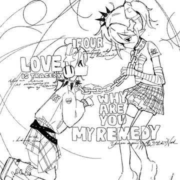 The image features a black and white line drawing of two people, one kneeling down with their hands on each other's shoulders while another person stands behind them holding onto a chain. The text "If your love is tracing" is written above the kneeling figure, and "Why are you my remedy?" is written below it. The post also mentions that this song is about the pipeline.