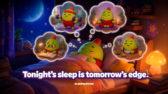 The image features a cartoon green character named Sleepagot who is sitting in bed with four thought bubbles above him, each representing different aspects of his life or thoughts. The text below the image reads "Every night your body writes a new block of health data. The protocol starts before you even wake up. @sleepagotchi turns your sleep into actionable onchain insights. Better rest means stronger focus, smarter recovery, and higher daily performance". This post is related to the concept of Sleepagot's character from the cartoon "The Simpsons" as it emphasizes the importance of a good night's sleep for overall well-being and productivity.