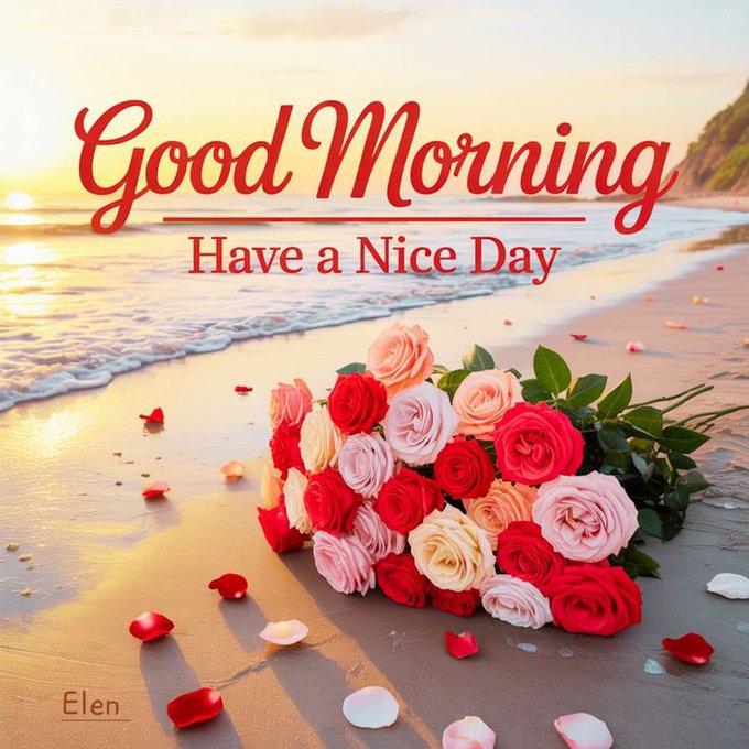 A 'Good Morning - Have a Nice Day' greeting card featuring a bouquet of red, pink, and white roses with scattered petals on a beach at sunset, signed 'Elen'.