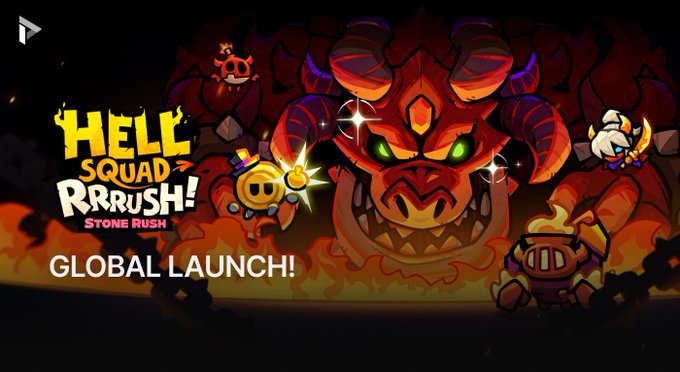 Promotional artwork for the global launch of the mobile game 'Hell Squad Rush: Stone Rush,' featuring a large red demon and cartoon character mascots against a fiery background.