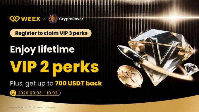 The promotional banner advertises a WEEX × CryptoRover partnership offering lifetime VIP 2 perks (with a chance to claim VIP 3), up to 700 USDT cashback, and registration open from September 3 to October 2, 2026, decorated with a diamond, rocket, and XRP gold coin.