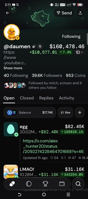 A mobile screenshot of an X/Twitter profile for @daumen showing a portfolio value of $160,478.46 (+7.4%), with holdings including 'egg' at $82.45K and 'LMAO!' at $31.16K.