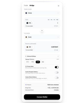 A mobile app screen titled 'Toshi Bridge' for a token swap from Solara to Zynx, showing slippage tolerance of 1.5% and a 'Connect Wallet' button.