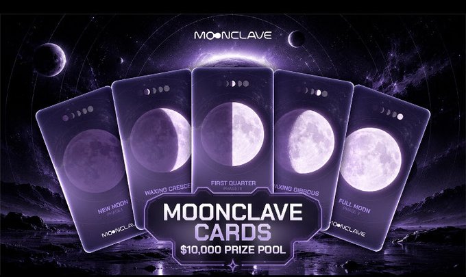 A promotional graphic for "Moonclave Cards" features five purple moon phase tarot-style cards (New Moon, Waxing Crescent, First Quarter, Waxing Gibbous, and Full Moon) fanned out against a cosmic background, with text announcing a "$10,000 PRIZE POOL." The image ties to the post's reference to "$MCV" and "@themoonclave," visually promoting the ongoing building of the Moonclave project.