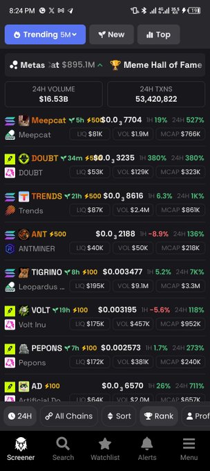 A mobile screenshot of a crypto trending tracker app showing 24-hour volume and transaction data for meme coins including Meepcat, DOUBT, Trends, ANTMINER, TIGRINO, VOLT, Pepons, and Artificial.