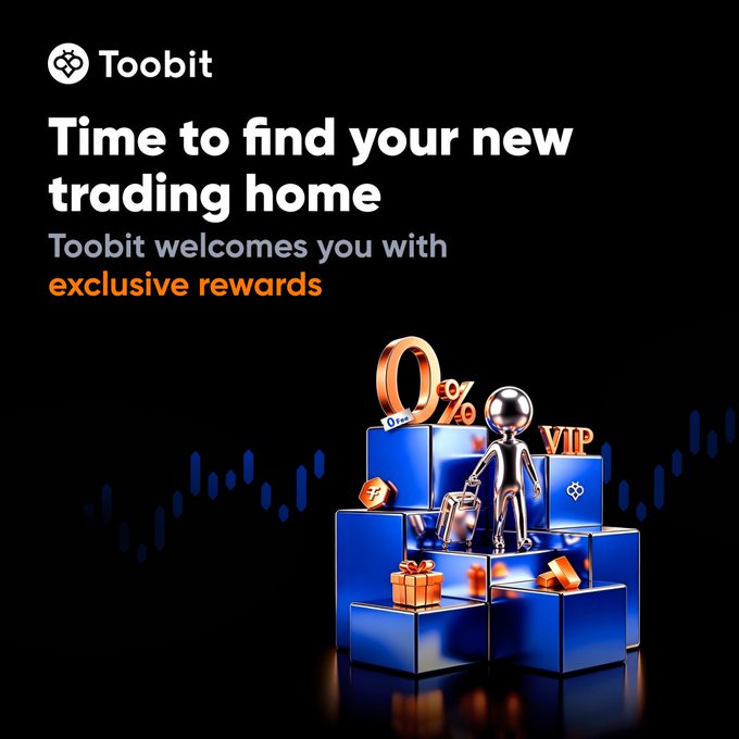 A Toobit promotional banner reading "Time to find your new trading home - Toobit welcomes you with exclusive rewards," featuring a 3D figure with a suitcase atop blue cubes alongside 0%, VIP, and gift icons, illustrating the exchange's offer of zero-fee trading, sign-up bonuses, and 200,000+ USDT in rewards for new users switching platforms.