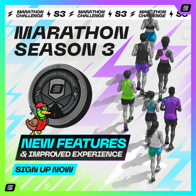 A promotional poster for 'MARATHON SEASON 3' featuring a silver challenge coin, runners from above, pixel art chicken mascot, and text announcing 'NEW FEATURES & IMPROVED EXPERIENCE' with a 'SIGN UP NOW!' call-to-action.