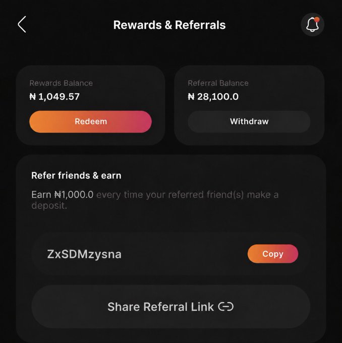 The image shows a "Rewards & Referrals" page on the QuickChain app displaying a Rewards Balance of ₦1,049.57 and a Referral Balance of ₦28,100.0 (withdrawable), along with a referral code "ZxSDMzysna" that earns ₦1,000 per referred deposit. This visually supports the post by demonstrating the user is nearing their 50k naira withdrawal goal, having earned nearly 30k naira in under a month through the P2P platform.