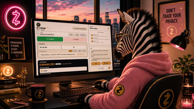 Stylized 3D illustration of an anthropomorphic zebra wearing a pink hoodie working on a Zcash (ZEC) trading interface on a monitor, with neon signs emphasizing privacy and financial freedom.