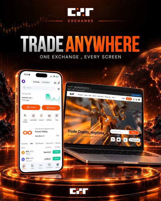 A promotional advertisement for "CHR EXCHANGE" showing "TRADE ANYWHERE ONE EXCHANGE, EVERY SCREEN" with a smartphone and laptop displaying the trading platform.