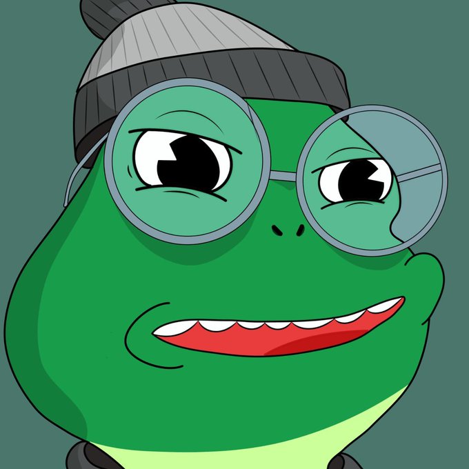 A green cartoon frog wearing round glasses and a gray beanie gives a knowing smirk against a teal background. The confident, scheming expression reinforces the post's message of assured victory in the new week.