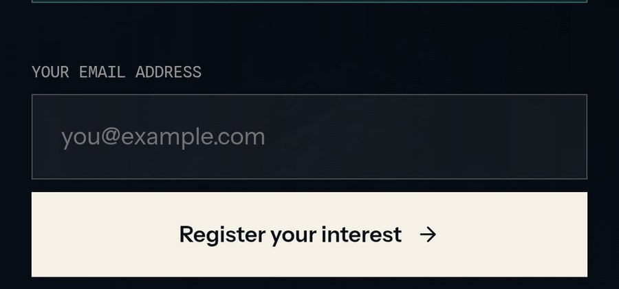 An email registration form with a placeholder "you@example.com" and a "Register your interest" button, illustrating the sign-up step for the EthraShip mobile app described in the post.