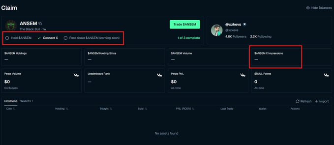 Crypto dashboard interface showing a 'Claim' page for the $ANSEM token with task requirements highlighted in red boxes: 'Hold $ANSEM', 'Connect X', 'Post about $ANSEM (coming soon)', and an 'ANSEM X Impressions' metric.