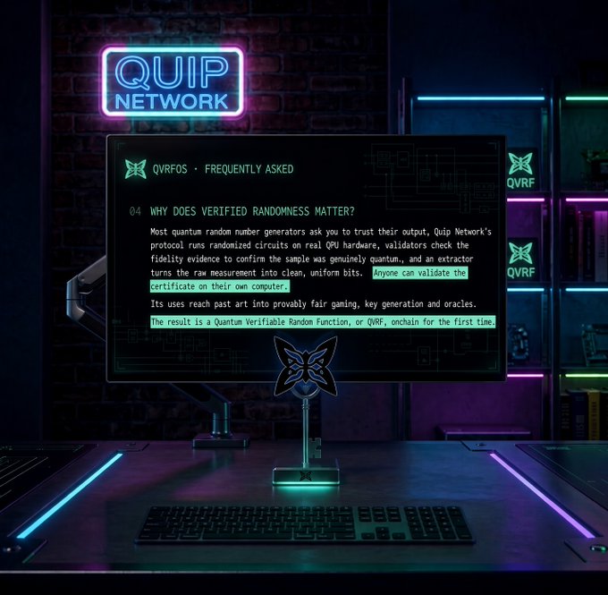 A neon-lit cyberpunk-style setup displaying "QUIP NETWORK" branding and a "QVRFOS - FREQUENTLY ASKED" section explaining "WHY DOES VERIFIED RANDOMNESS MATTER?"
