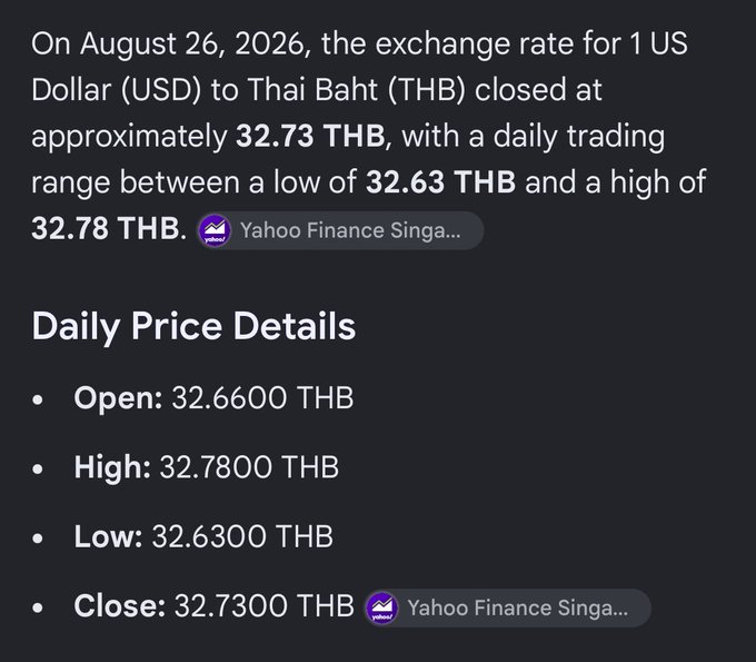 A financial text excerpt showing that on August 26, 2026, the USD to THB exchange rate closed at approximately 32.73 THB, with a daily high of 32.78 THB and low of 32.63 THB, including a 'Daily Price Details' section from Yahoo Finance Singapore.