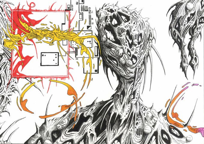 A detailed black and white sketch of a menacing skeletal creature with sharp teeth and claws, accented with splashes of yellow, red, and orange color, and a red bordered square element on the left.
