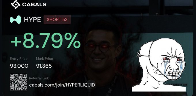 A trading interface showing 'CABALS' and 'HYPE' with a +8.79% gain, entry price 93.000, mark price 91.365, alongside a crying wojak meme face and a referral link 'cabals.com/join/HYPERLIQUID'.