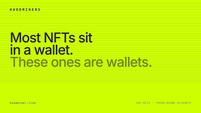 A promotional graphic for 'HOODMINERS' with the text 'Most NFTs sit in a wallet. These ones are wallets.' on a bright yellow-green background.