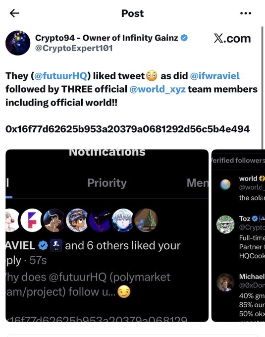 A screenshot of a tweet from Crypto94 (@CryptoExpert101) noting that "@futuurHQ liked tweet" and that "THREE official @world_xyz team members including official world!" engaged with the post. The image also shows a partial screenshot of notifications confirming the likes, supporting the user's claim that a coin is being artificially pushed using their account as social proof.