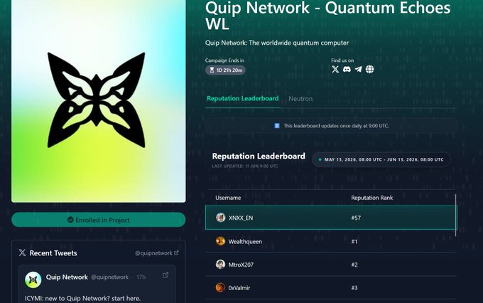 The image shows a screenshot of a Quip Network leaderboard for Quantum Echoes. It features the Quip Network logo and a detailed view of the leaderboard's performance with several users' names and their corresponding ranks displayed. A user named '@quipnetwork' is at the top of the leaderboard, followed by another user in second place and so on down the list. The post's title reads "@quipnetwork" and includes details about how it ended up at rank #57 in this particular campaign.