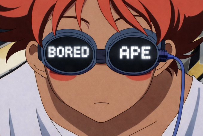An anime-style character with red hair wears large digital goggles displaying the pixelated text "BORED" and "APE," directly reflecting the post's caption.