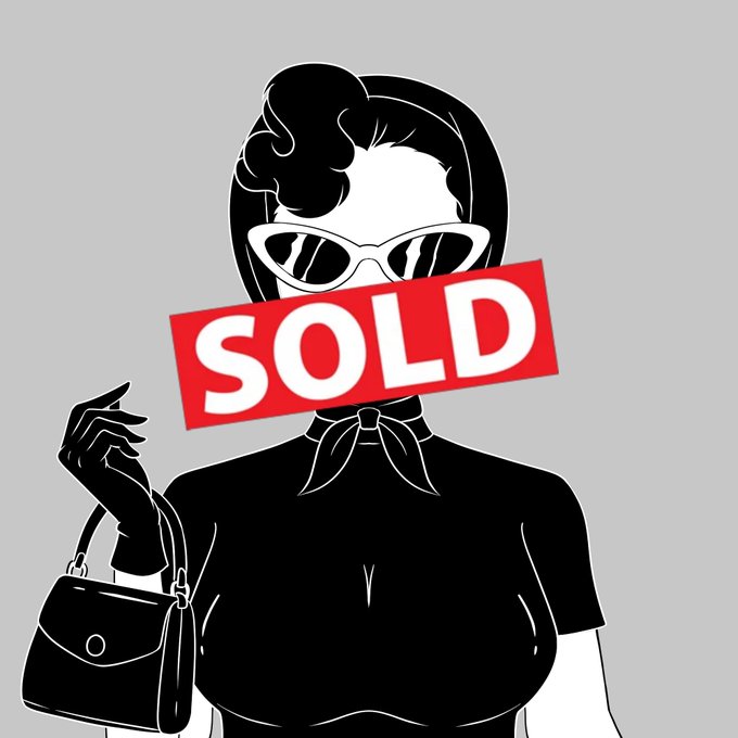 A black and white illustration of a stylish woman wearing cat-eye sunglasses and a neck scarf, holding a purse, with a red 'SOLD' stamp overlaid across her face.