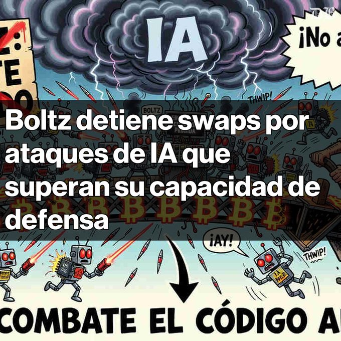 A comic-style graphic features robots shooting lasers under a stormy cloud labeled 'IA', with Spanish text reading 'Boltz detiene swaps por ataques de IA que superan su capacidad de defensa'.