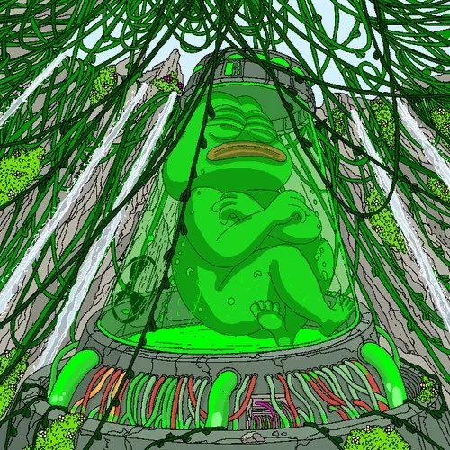The image features a cartoon frog with green skin, sitting inside a glass jar or container surrounded by vines and plants. The frog appears to be looking sad as if it has been trapped. The caption of the image reads "“KEKBABY” by Hipocreate".
