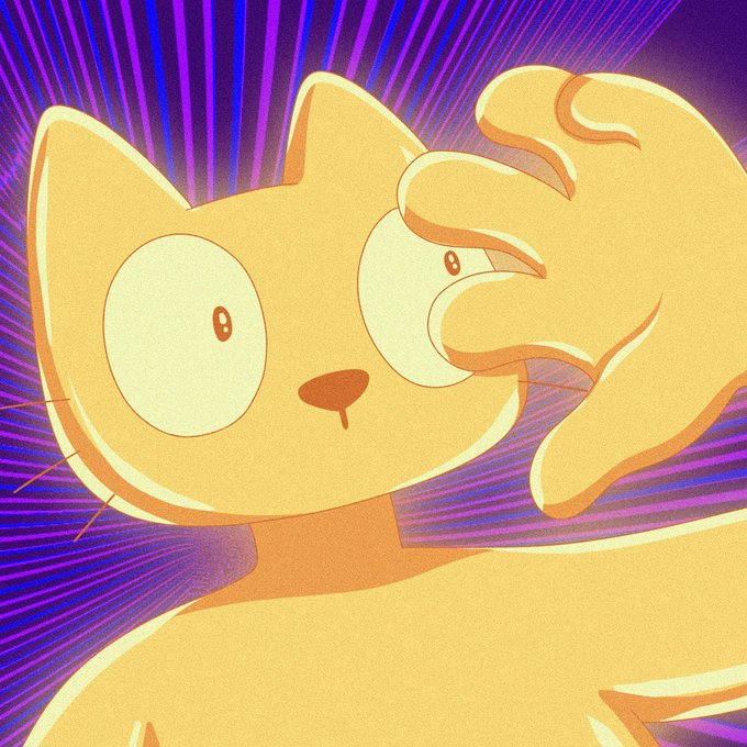 A cartoon-style illustration of an orange cat with wide, surprised eyes raising one paw against a dynamic purple and blue striped background.