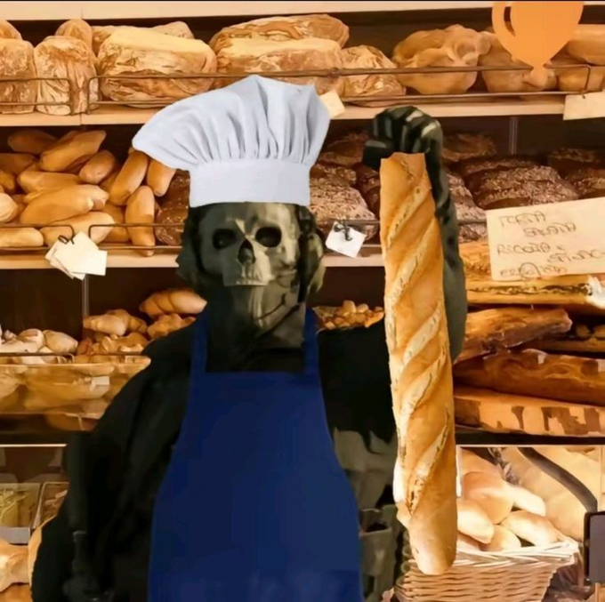 A skeleton wearing a chef's hat and blue apron holds a baguette in a bakery filled with various breads.
