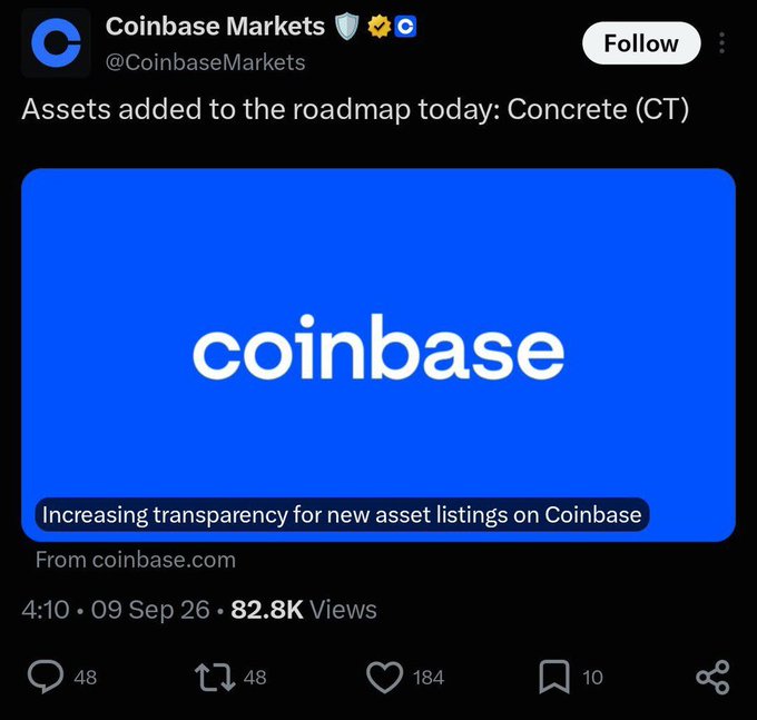A tweet from Coinbase Markets (@CoinbaseMarkets) announcing that Concrete (CT) has been added to their asset listing roadmap, with a timestamp of 4:10 on Sep 09, 26, showing 82.8K views, 48 replies, 48 reposts, 184 likes, and 10 bookmarks. The accompanying post celebrates the tip-off as a "shitty bet" that paid off, suggesting the user made a wager on Concrete (CT) being listed on Coinbase and is now cashing out winnings from multiple wallets.