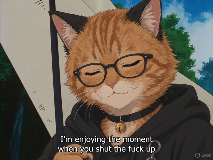 An orange cat wearing glasses and a black hooded cloak with a bell collar smiles with closed eyes beneath text reading "I'm enjoying the moment when you shut the fuck up," humorously reflecting the poster's frustration over a rug pull on the first day of October and their sarcastic "shout out" to REV.