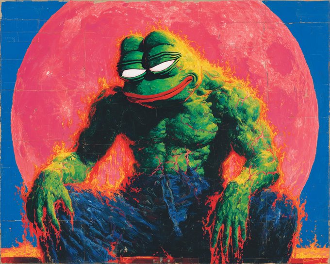 A vibrant street art mural depicts a muscular green creature with white slit eyes and a red smile, surrounded by flames against a large pink/red moon and blue sky.