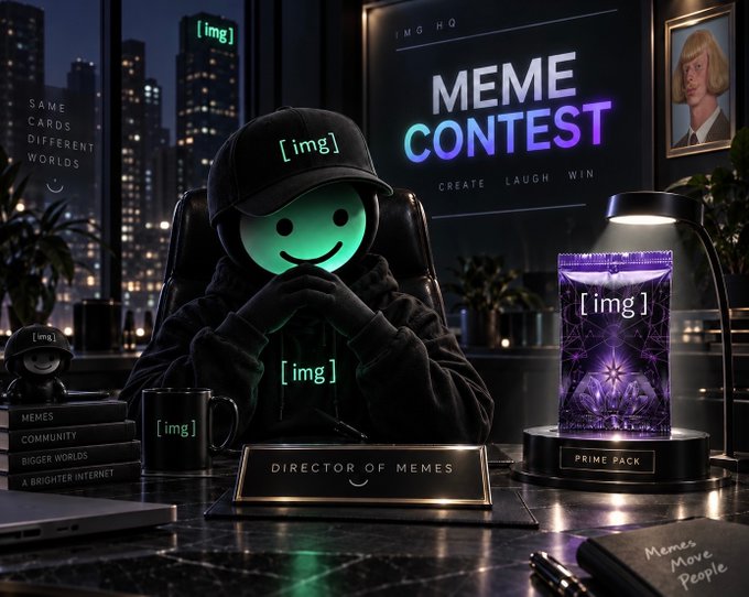 A stylized 3D render of a green smiley-face character wearing a black hoodie and cap, sitting at a desk labeled 'DIRECTOR OF MEMES' with a 'MEME CONTEST' sign in the background.