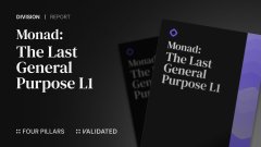 The image is a promotional graphic for Monad, a blockchain described as "The Last General Purpose L1," highlighting its key features: "Fast," "EVM," and "Parallel" execution. The graphic notes the project is in the "Dvision Report" and has been "Validated" by "Four Pillars," aligning with the accompanying post about Monad positioning itself as a final, high-performance general-purpose Layer 1 blockchain.