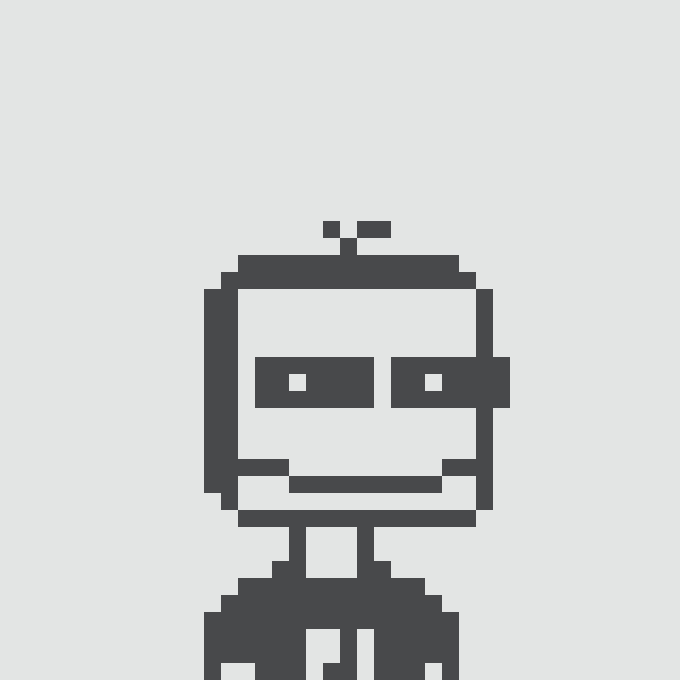 A minimalist black and white pixel art robot character with rectangular eyes and antenna on a plain white background.