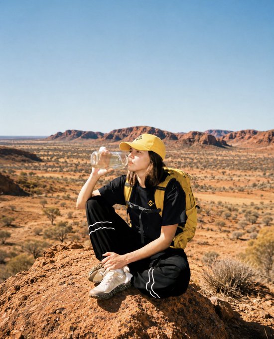 A young woman in a yellow cap, black athletic wear, and a yellow backpack drinks from a water bottle while sitting on a red rock in an arid desert landscape.