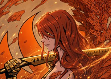 Anime-style artwork of a red-haired character holding a sword, standing before a dramatic red, textured background with fiery lighting effects.