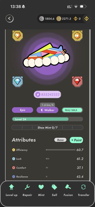 A screenshot of a mobile game interface showing an Epic rarity shoe NFT called 'Walker' with attributes including Efficiency 60.7, Luck 61.2, Comfort 37.1, and Resilience 43.4.