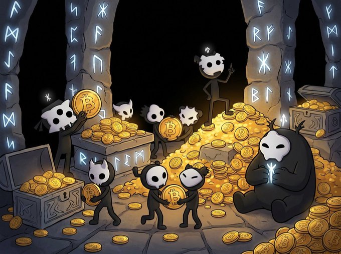 A cartoon scene of little skull-headed demon characters in a cave adorned with glowing runes, playing with and hoarding piles of Bitcoin coins and treasure chests.